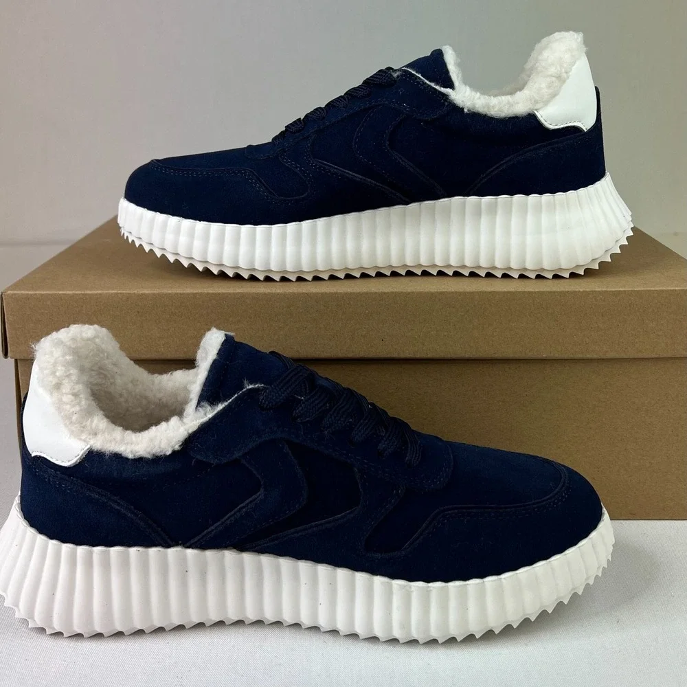 Steve Madden Women Shereen-F Sneakers Navy Suede Fur Leather Lace-Up Shoes Sz 7M